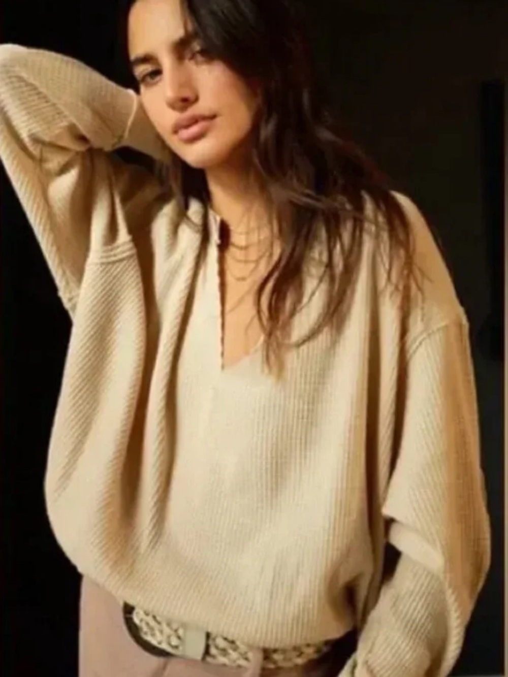 Free People We The Free Owen Thermal Knit Top Large Oversized Waffle Saw Hem